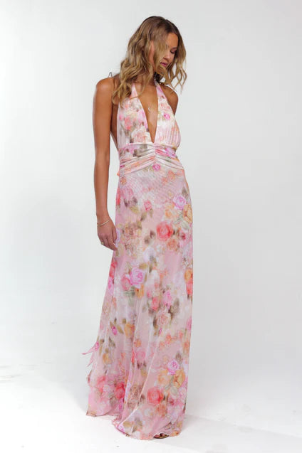 Abstract Bouquet Floral A-Line V-Neck Pleated Chiffon Dress