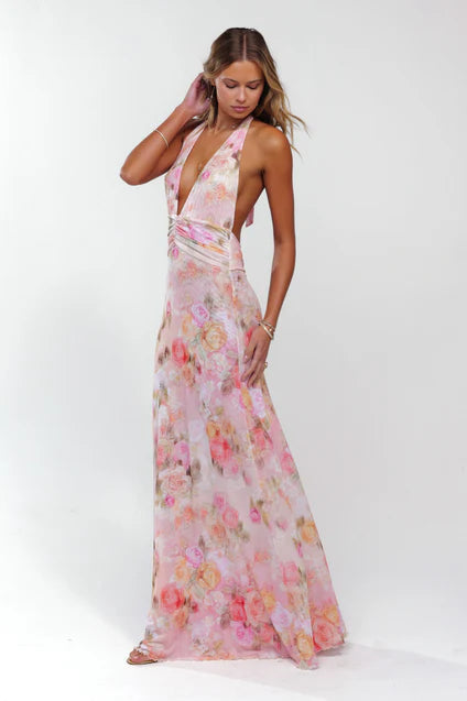 Abstract Bouquet Floral A-Line V-Neck Pleated Chiffon Dress