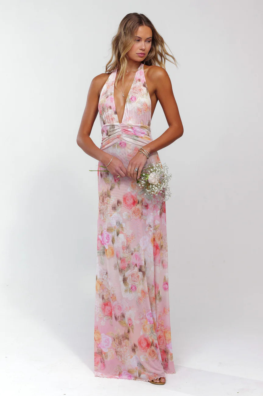Abstract Bouquet Floral A-Line V-Neck Pleated Chiffon Dress