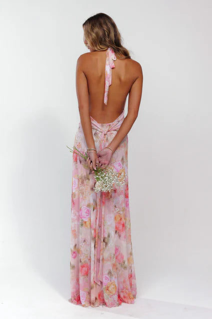 Abstract Bouquet Floral A-Line V-Neck Pleated Chiffon Dress