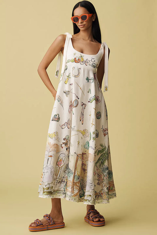 Artistic Sketch Print Tie - Shoulder Dress