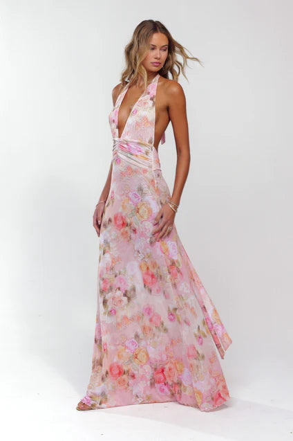 Abstract Bouquet Floral A-Line V-Neck Pleated Chiffon Dress